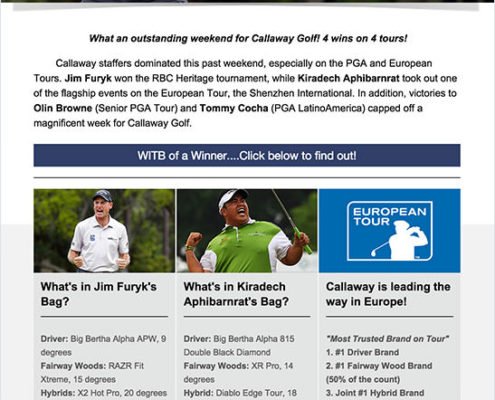 Callaway Golf Email Marketing Campaign. Appealing to their audiences' interests, giving them helpful, relevant information about what they may like to know. What is in Jim Furyk's bag could also be in your golf bag.